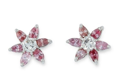 A PAIR OF PINK DIAMOND AND DIAMOND CLUSTER EARRINGS in