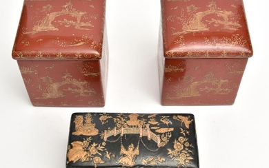 A PAIR OF RED AND GILT LIDDED CANNISTERS AND A BLACK GROUND CANNISTER
