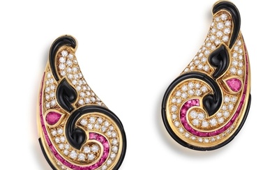A PAIR OF RUBY, DIAMOND AND ONYX EARCLIPS, BY VACHERON CONST...
