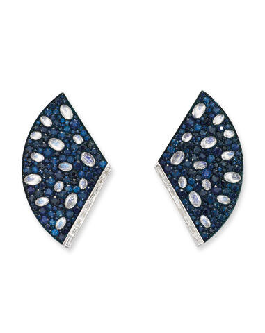 A PAIR OF SAPPHIRE, MOONSTONE AND DIAMOND FAN EARRINGS,, UMRAO