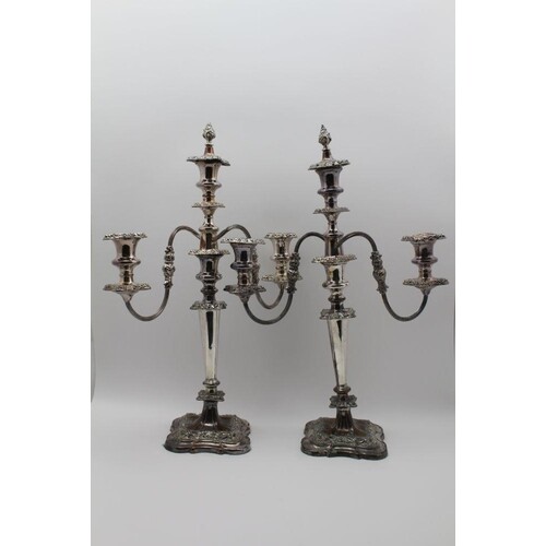 A PAIR OF SILVER PLATED TABLE CANDELABRA, triple light, twin...