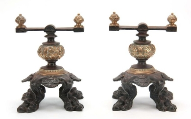 A PAIR OF VICTORIAN BRONZE AND IRON FIRE DOGS havi