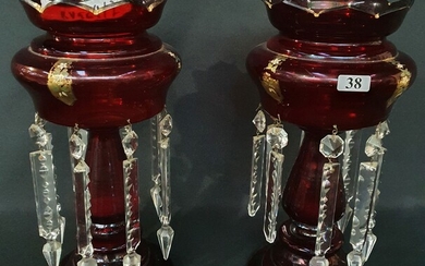 A PAIR OF VICTORIAN RUBY GLASS LUSTRES