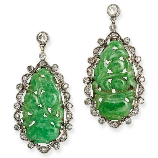 A PAIR OF VINTAGE JADEITE JADE AND DIAMOND DROP EARRINGS in 18ct white gold, each set with a piece