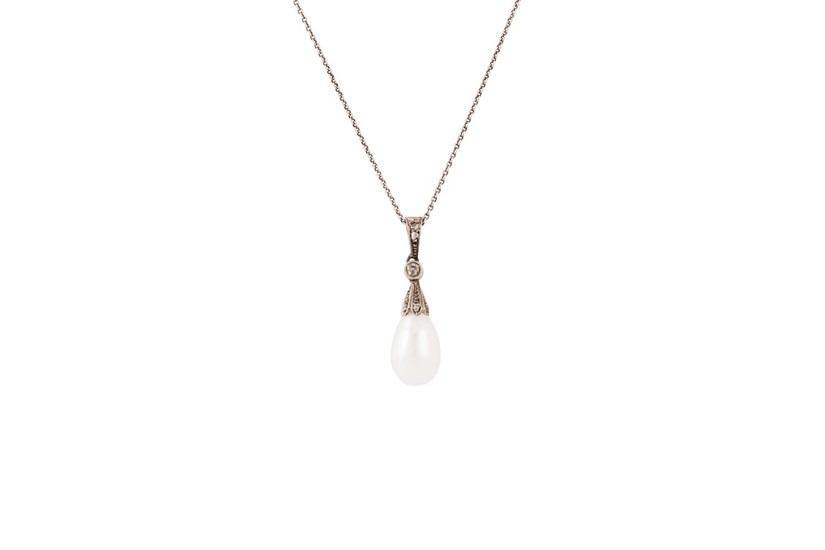 A PEARL AND DIAMOND PENDANT, the pearl suspended from a rose...