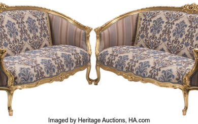 A Pair of French Louis-XV-Style Carved Wood and Upholstered Canapes