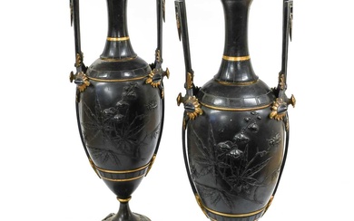 ~ A Pair of Gilt and Patinated Metal Vases in...