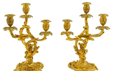 A Pair of Louis XV Style Gilt Bronze Three-Light