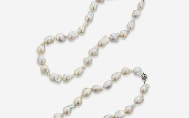 A Pair of Matching 14K White Gold and Baroque Pearl Necklaces