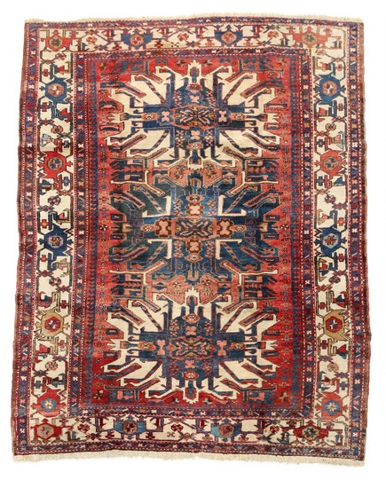 A Persian Karadjeh rug, classic design with three hooked medallions on red base. 20th century. 212×160 cm.