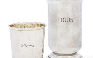 A Puiforcat silver beaker, 925 standard, 1983-1992, in original box and engraved with the name 'Louis' to side, 7.2cm high, together with a German christening cup by Wilkens, stamped 925, of cylindrical form, also with 'Louis' engraved to body...