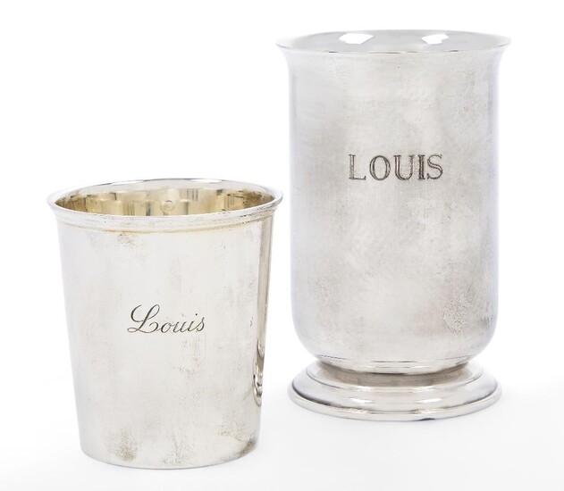 A Puiforcat silver beaker, 925 standard, 1983-1992, in original box and engraved with the name 'Louis' to side, 7.2cm high, together with a German christening cup by Wilkens, stamped 925, of cylindrical form, also with 'Louis' engraved to body...