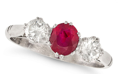 A RUBY AND DIAMOND THREE STONE RING in platinum, s ...