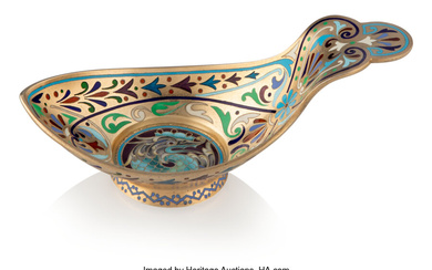 A Russian Silver Gilt and Champleve Enamel Kovsh