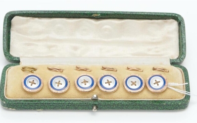 A SET OF SIX VICTORIAN MOTHER-OF-PEARL AND BLUE ENAMEL BUTTONS, IN ORIGINAL FITTED BOX