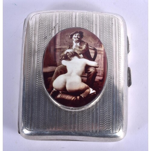A SILVER CIGARETTE CASE WITH AND ENAMEL EROTIC CARTOUCHE. B...
