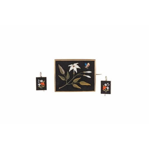 A SUITE OF ANTIQUE PIETRA DURA JEWELLERY, comprising a brooc...