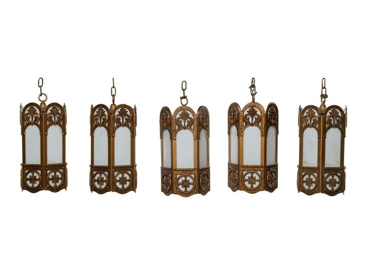 A Set of Five Gothic Revival Gilt Aluminum Lanterns