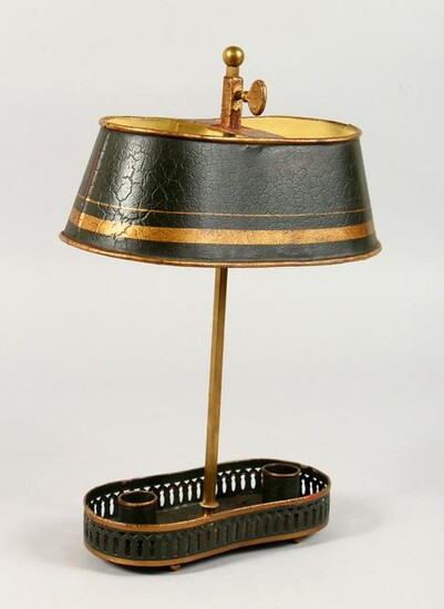 A TOLEWARE CANDLE HOLDER WITH SHADE. 12.5ins high.