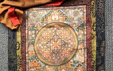 A Tibetan hand painted and gilt Mandala thangka, 70 x 60 cm.