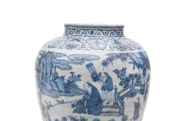 A VERY LARGE AND RARE BLUE AND WHITE 'SAGES' JAR...