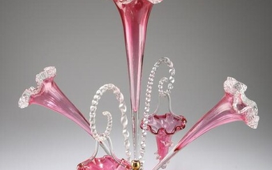 A VICTORIAN CRANBERRY GLASS EPERGNE, the principal