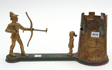 A VINTAGE AUSTRALIAN 'WILLIAM TELL' MECHANICAL BANK, ALUMINIUM AND TIN, STENCILLED TO THE UNDERSIDE 'PATENTS PENDING', 36 CM LONG