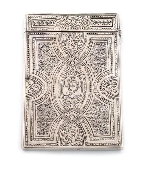 A Victorian Scottish silver card case, by William Crouch, part marked, Edinburgh circa 1860, rectangular form, engraved geometric and scroll decoration, hinged cover, length 9.5cm, approx. weight 2.3oz.