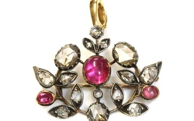 A Victorian cabochon ruby and diamond spray brooch pendant