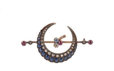 A Victorian diamond, sapphire and ruby crescent brooch