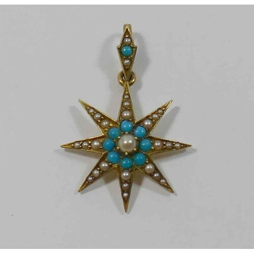 A Victorian gold, half seed pearl and turquoise set star pen...
