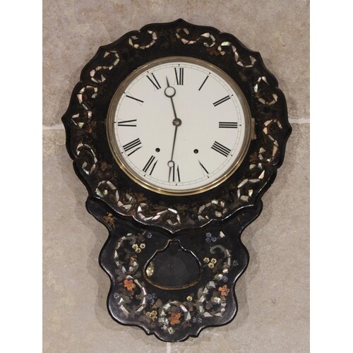 A Victorian papier mache drop dial wall clock, the black lac...