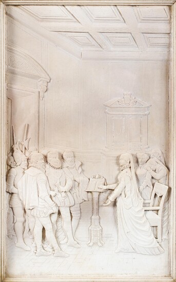 A Victorian white plaster relief moulded plaque depiciting Mary Queen of Scotts and David Rizzio
