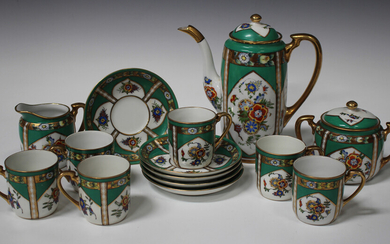 A 'Vienna' style porcelain part cabaret set, early 20th century, decorated with classical