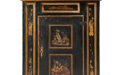 A blackpainted Baroque cabinet, front with door richly decorated in gold with chinoiserie. Late 18th century. H. 130. W. 107. D. 45 cm.