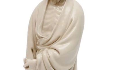 A blanc-de-Chine Dehua Zhang Shoushan marked figure of a standing Damo (Bodhidarma)