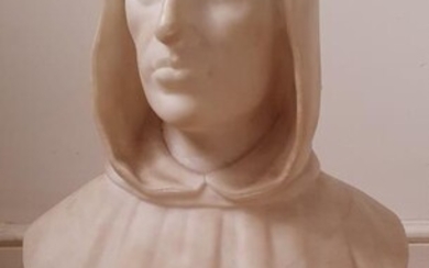 A carved alabaster bust depicting a hooded male, 16.5"...