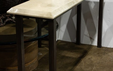 A contemporary faux painted wood and cast iron console table
