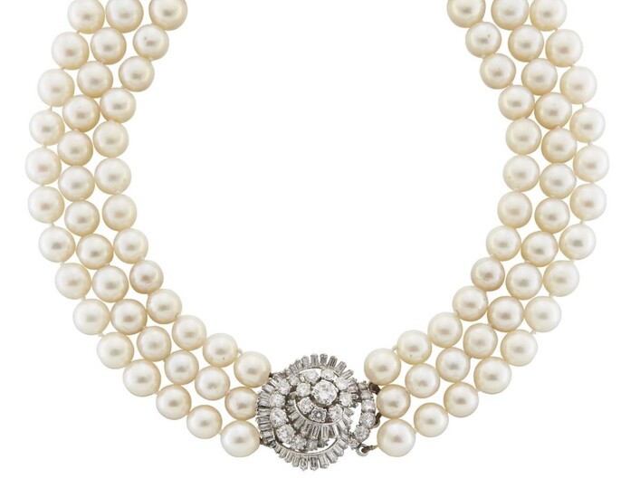 A cultured pearl necklace, composed of three rows of 126 graduated cultured pearls diameters range from 8.0mm to 11.0mm, to a diamond and baguette diamond cluster clasp, approximate weight of centre diamond 0.75 carats, approximate total weight of...