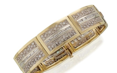 A diamond and two-tone eighteen karat gold bracelet set...