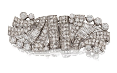 A diamond double clip brooch, the clips designed as pave and baguette diamond sprays with central pave diamond domed bands, and brilliant-cut diamond collet accents, each clip detachable from a brooch frame, c.1950, approx. length 6.3cm