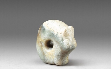 A 'dragon head' grey and beige jade, partly calcified ornament Probably neolithic, Liangzhu culture | 或為新石器時代 良渚文化 玉龍珮