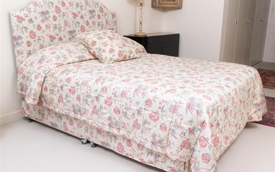 A floral fabric bedhead and quilted base, total Height 125...