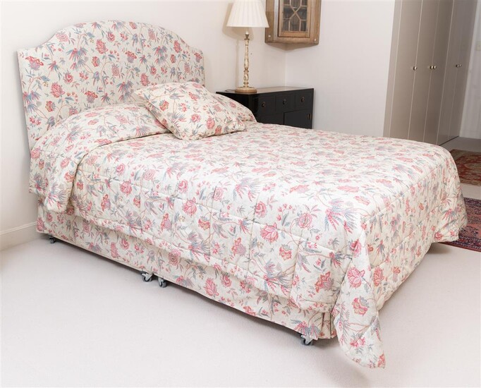 A floral fabric bedhead and quilted base, total Height 125...