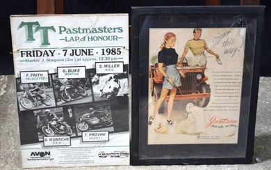 A framed Motorcycle racing poster T T past masters together with a vintage advertising poster for sw
