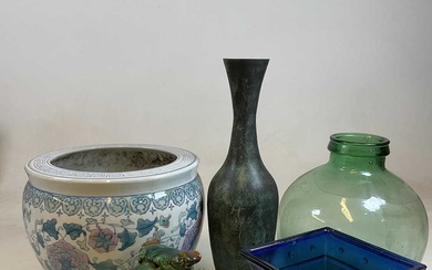 A green tinted glass carboy, a modern Chinese jardiniere, metal...