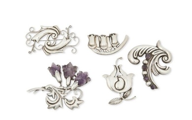 A group of Fred Davis Mexican silver and amethyst brooches