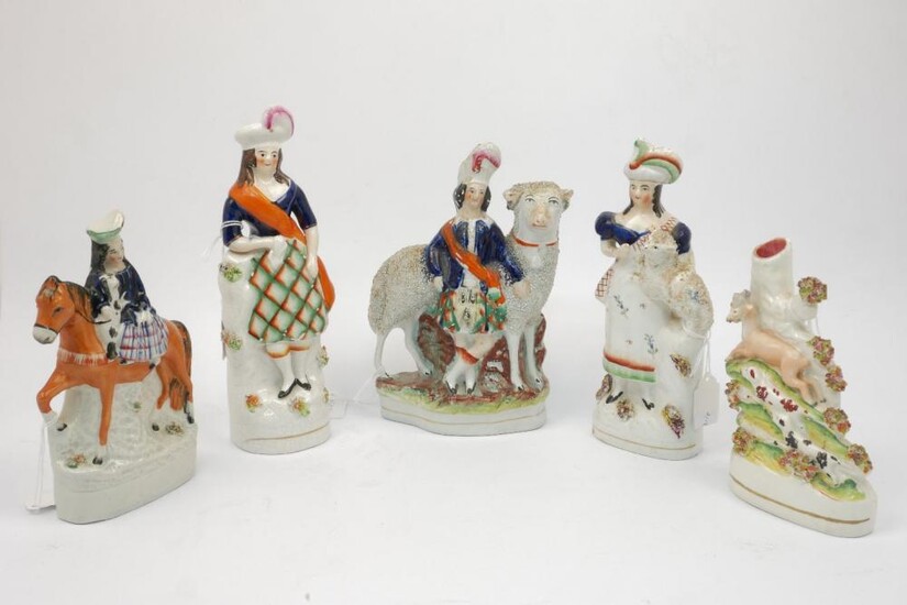 A group of five Staffordshire figures, mid/late...