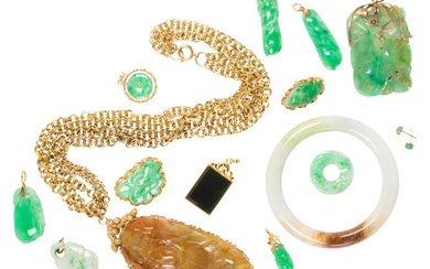 A group of jade and mostly gold jewelry