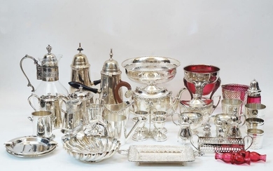 A group of silver and silver plated items, comprising: a silver pepper, Birmingham, 1912, 8.5cm high; a pair of footed sugar bowls, with gadrooned rims and twin foliate handles, the undersides marked FISHER STERLING WEIGHTED, 13cm wide; and a...